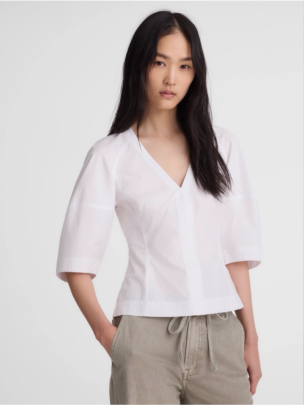 Madewell Women’s White Sculptural V-Neck Top in Poplin Size 14 NWT